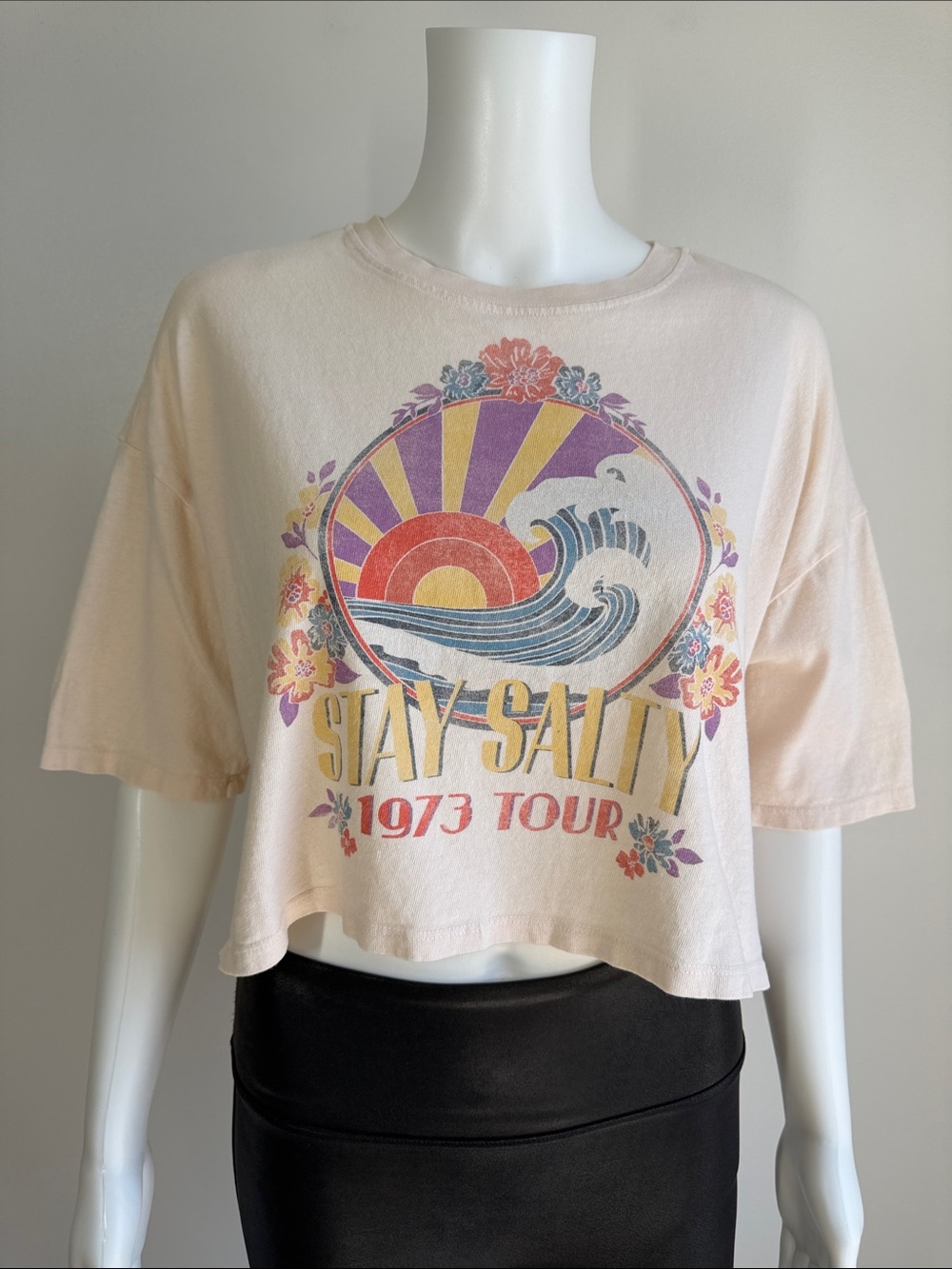 Billabong x The Salty Blonde Stay Salty 1973 Tour Cropped Graphic Tee Cream - S